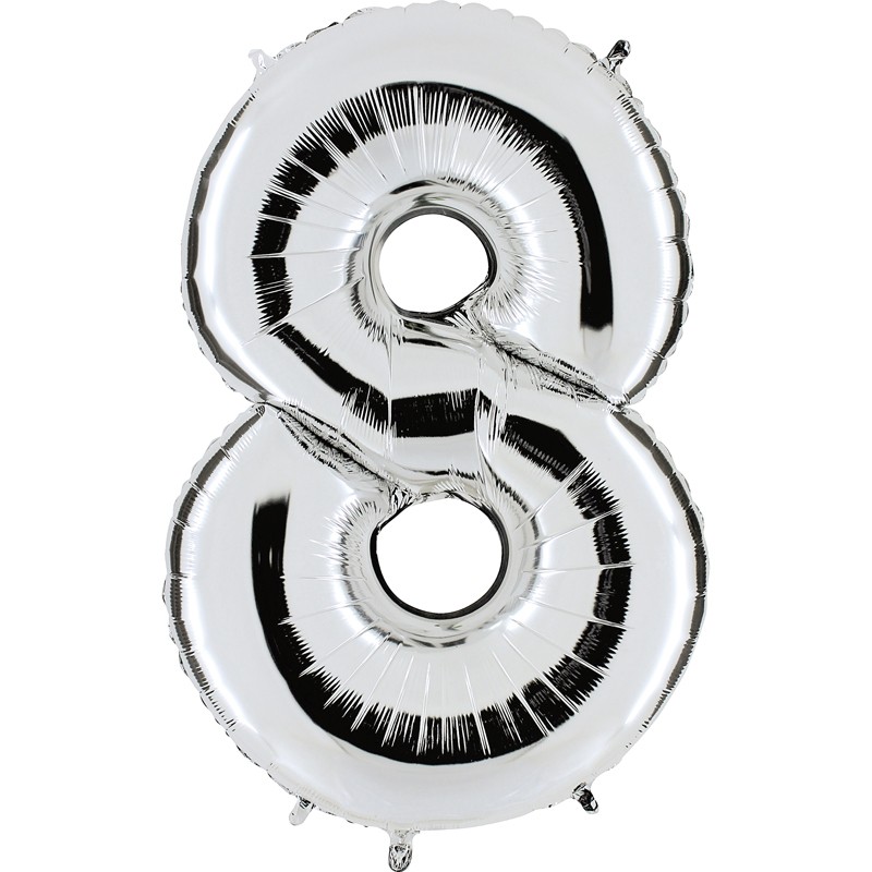 Sachet de 1 ballon mylar métallisé argent chiffre 8 hauteur 102 cm
