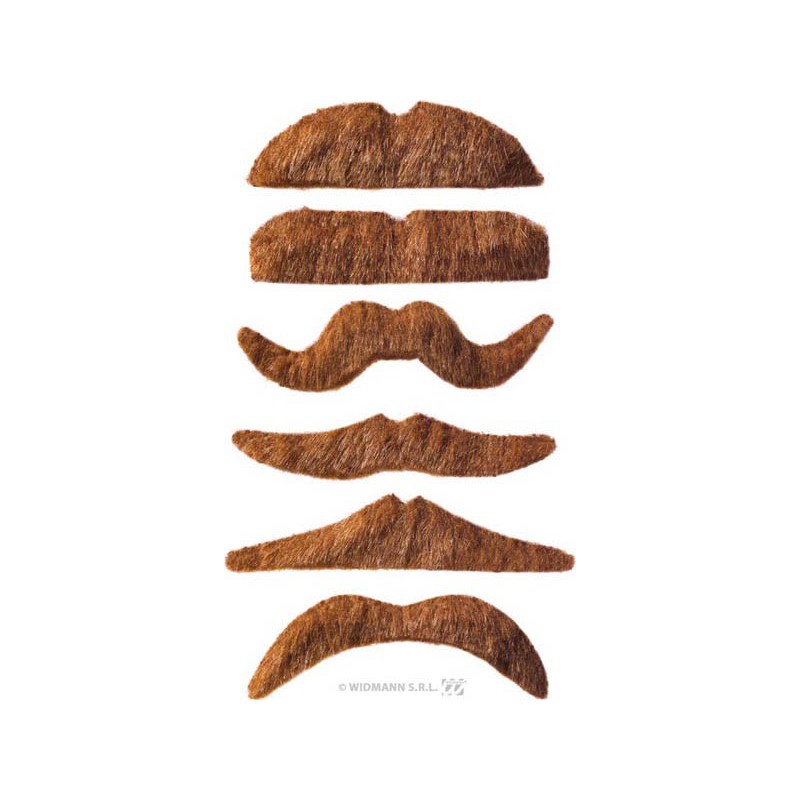 Pack de 12 moustaches 6 modèles assortis châtain clair-auto adhésives