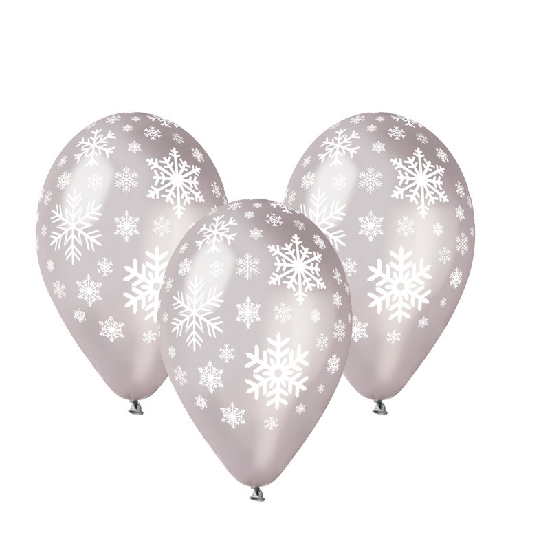 Sachet de 10 ballons flocons de neige argent imp blanc diam 30 cm