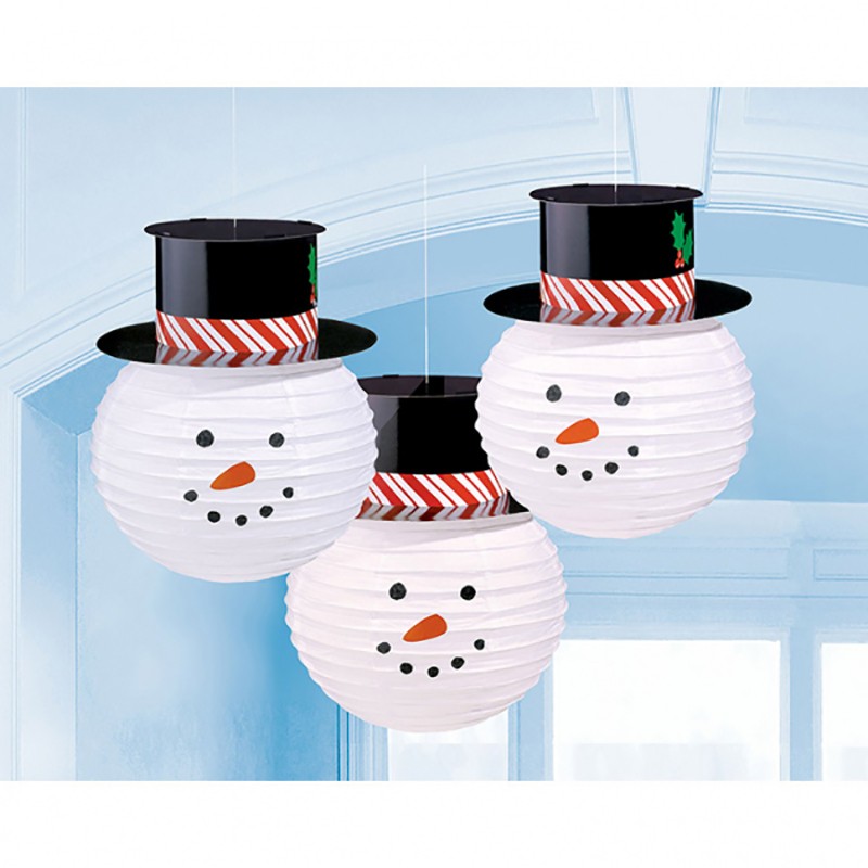 3 Lanternes papier bonhomme de neige 24 cm