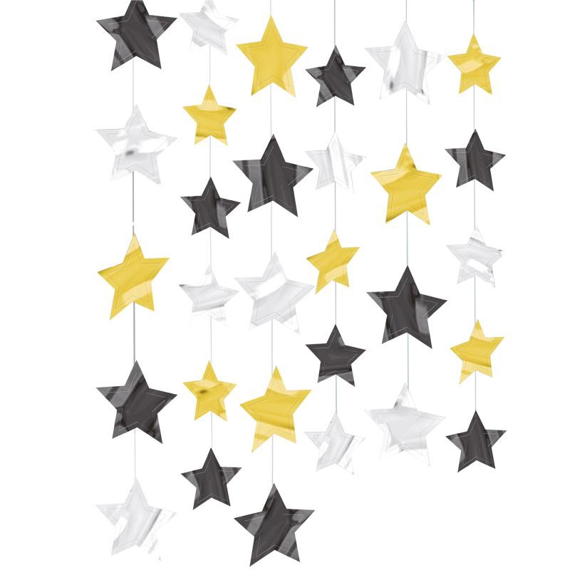 Lot de 6 guirlandes etoiles hollywood (or, noir, argent) - 2.1m